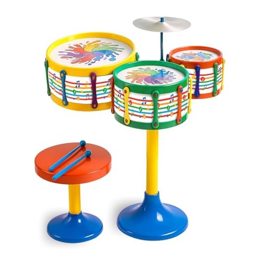 Toyztrend Jazz Drum Set Senior Musical Band Instruments with 3 Drums, 1 Dish, 1 Stool & Sticks for Kids (Assorted Colors & Designs)