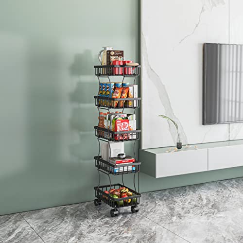Wisdom Star 5 Tier Fruit Vegetable Basket For Kitchen, Fruit Vegetable Storage Cart, Vegetable Basket Bins, Wire Storage Basket Organizer Utility Cart With Wheels, Medium, Black #TOP3