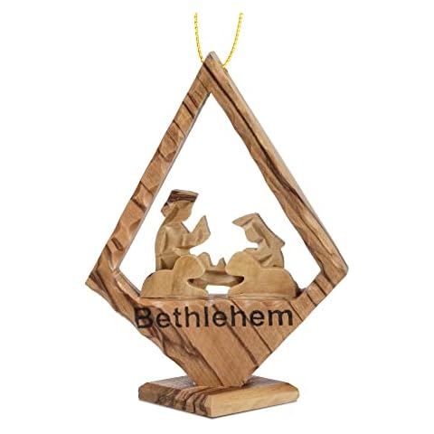 Diamond Nativity Scene Grotto, 3D Olive Wood Christmas Ornament from Israel, Wooden Hanging Seasonal Décor for Christmas Tree, Religious Holiday Decorations, Made in Holy Land of Bethlehem Cover
