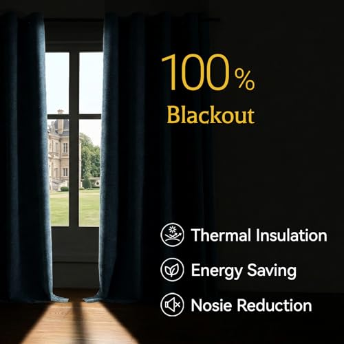 Image of 100% Blackout Curtains for Bedroom, Luxury Chenille Thermal Insulated Drapes for Living Room, Energy Saving Room Darkening 84 Inch Long Curtains, Grommet Top, 2 Panels, 52 inch W x 84 inch L, Blue