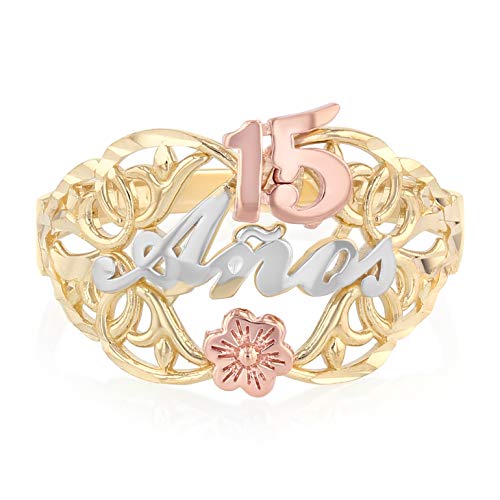 Ioka -14K Solid Tri Color Gold Sweet 15 Anos 15 Years Birthday Quinceanera Flower Ring