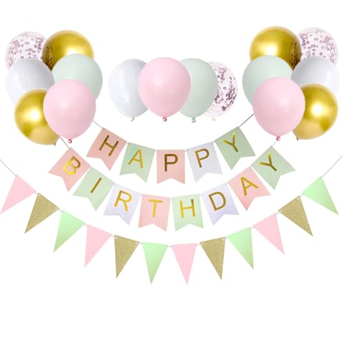 Bunting Happy Birthday Banner Verde Rosa Palloncini Decorazioni di Compleanno Ragazza Banner di Compleanno Per Il Suo Gagliardetto Appeso Banner