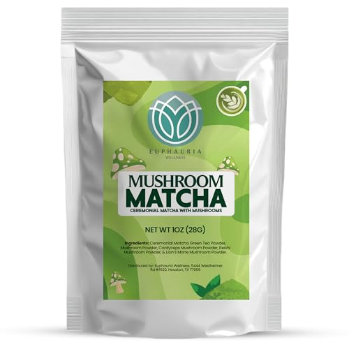 Mushroom Matcha Powder - Ceremonial Grade Japanese Matcha with Lion’s Mane, Reishi & Cordyceps - Superfood Mushroom mix Blend for All Day Better Focus, Energy & Wellness - 1oz (28g)