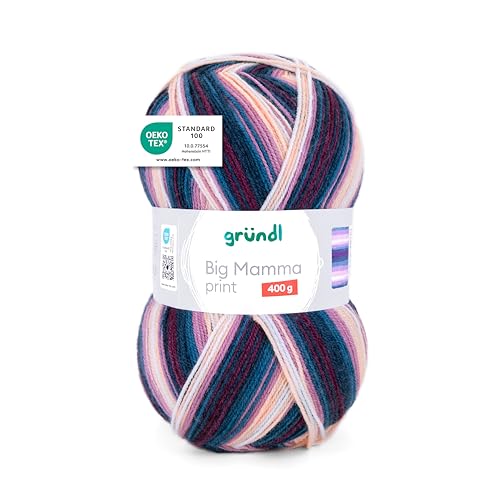 Gründl Big Mamma Print - Laine XXL à tricoter - grosse pelote 400 g / 1040 m - dégradé de laine en 100% polyacrylique - lilas-pétrole-violet-pêche-blanc
