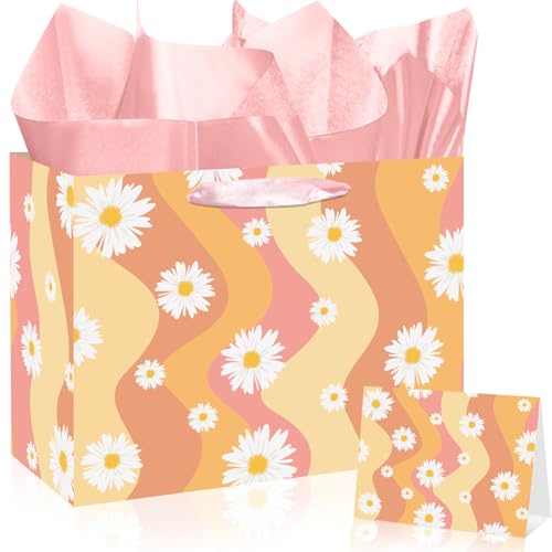 Innovoscape Groovy Gift Bag for Girls Orange Groovy Daisy Flower Wrapping Bag with Tissue Paper Card for Women Retro Hippie Birthday Baby Shower Wedding Wildflower Decorations Party Supplies