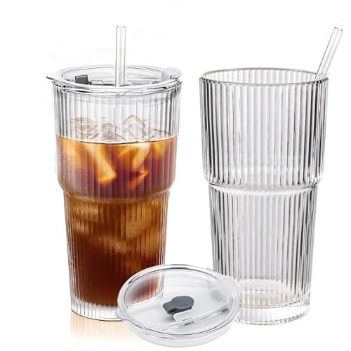 Lioong 2pcs Glass Coffee Cups with Lids and Straws,20Oz Ice Coffee Cup With Lids Matcha Glass Tumbler With Straws,Glasses Go to Cups Traveling Mugs For Cold Drinks Smoothie Juice Drinking (600ml)
