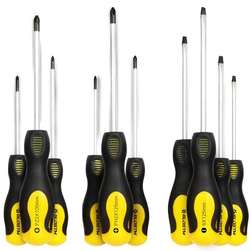 BLOSTM 10 Piece Magnetic Screwdriver Set - Chrome Vanadium Steel Screw Driver Set, Magnetic Tips Various Sizes - 4 X Flat Head Screwdrivers 3 X Cross Head Screwdriver 3 X Pozidrive Screw Drivers 10PCS