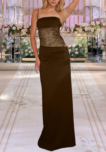 Image of Unybwonn Lace Maxi Dress Sexy Sheer Sleeveless Bodycon Mesh Long Dresses Cut Out Spaghetti Strap Wedding Guest Dress
