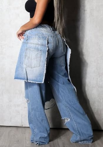 Famnbro Womens Baggy Ripped Jeans High Waisted y2k Irregular Patchwork Straight Wide Leg Frayed Denim Pants4
