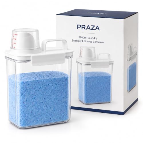 Image of PRAZA Laundry Detergent Storage Container 1800 ML with Measuring Cup Lid, Airtight Washing Powder Storage Box, Clear Plastic Organizer for Laundry Powder, Pods, Beads, Bathroom & Laundry Room