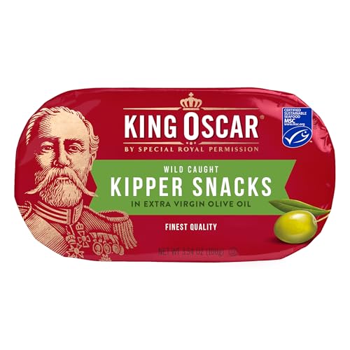 Image of King Oscar Kipper Snacks in Extra Virgin Olive Oil, 3.54 Ounce Cans (Pack of 12), Lightly Smoked Herring Fillets, Wild Caught Canned Herring