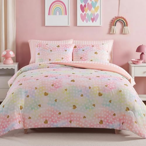 Image of BLOOMHAVEN Full Size Comforter Sets for Girls, 7 Pieces Pink Bedding Set with Colorful Gold Heart, All Seasons Kids Bed in a Bag with Sheets, Pillowcases & Shams