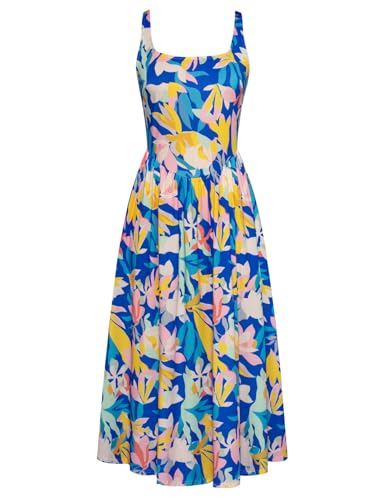 Damen Frühling Sommer Midikleid Leichtes Fließendes A-Linie Sommerkleid Blumen Boho Freizeitkleider Blau-Gelbe Blätter M