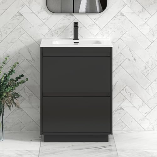 Royal Bathrooms 600mm Jet Black 2 Drawer Floor Standing Vanity Unit with Ceramic Basin & Black Strip