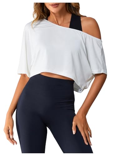 SOLY HUX Women's Off The Shoulder Tee Yoga Workout Crop Top Half Sleeve Asymmetrical Neck Activewear T Shirt3