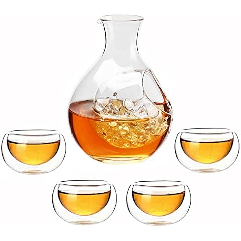 Japanese Sake Set Cold 4 Ochoko Cups (40ml) +1 Tokkuri Bottle (230ml) Lovely Hole for add ice Refrigeration Sake Pot Dispenser Double Walled Sake Cup Glass Decanter Carafe Gift for Sake Lover Party Cover