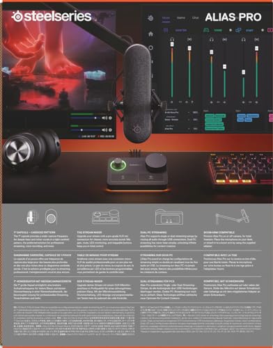 SteelSeries Alias Pro - Microphone XLR & Stream Mixer - Capsule 3X Plus Grande conçue pour Le Jeu, Le Streaming et Le Podcast - Interface USB/XLR - RGB - Compatible pour Un ou Deux PC