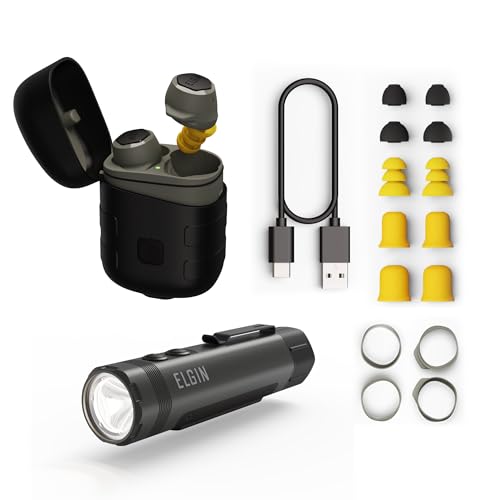 Elgin Rebel True Wireless Earbuds & Maverick LED Flashlight Bundle, OSHA Compliant Bluetooth Headphone and 1600 Lumens Rechargeable EDC Flash Light for Work, Construction, Outdoor, Camping, Hiking
