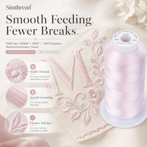 Image of Simthread 5000M 40WT Polyester Embroidery Thread, Peaches-N-Cream S071 | 5000M 40WT polyester thread feeds smoothly for machine embroidery, monograms, logos, patches and quilting.