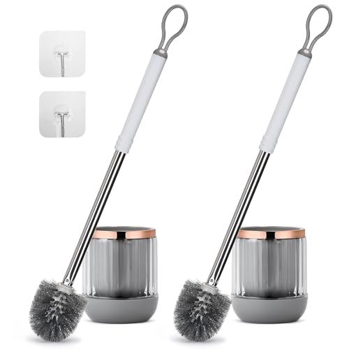 GUCOLUBU Toilet Bowl Brush and Holder 2 Pack Long Handle Toilet Brush for Bathroom with Separate Base for Floor and Wall Mounted Plastic Toilet Brush Set Under The Rim Household Cleaning (White)