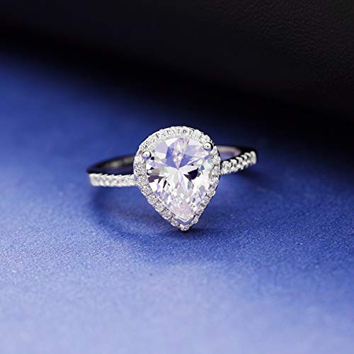 Uloveido 925 Sterling Silver Teardrop Shaped AAA Cubic Zirconia CZ Halo Promise Engagement Ring for Her (Blue, White) JZ1164