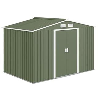 Outsunny 9 x 6ft Metal Garden Shed, Outdoor Storage Tool House with Ventilation Slots, Foundation Kit and Lockable Double Doors, Light Green