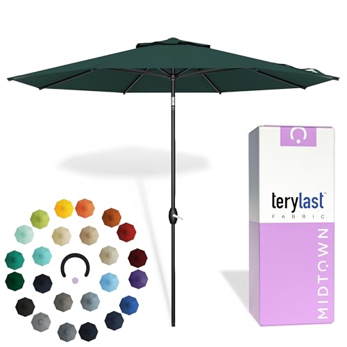Image of Midtown Umbrellas - 10-Year-No-Fade 9 Ft Patio Umbrella with Terylast Fabric, Auto-Tilt Aluminum Frame and 8 Reinforced Ribs for Deck, Pool, Garden & Beach - Forest Green Canopy, Black Pole