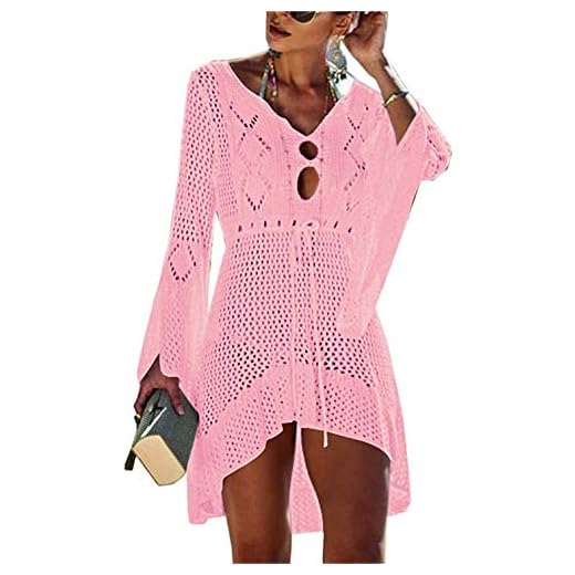Masrin Sommerkleid für Damen Sommer einfarbiges ärmelloses Strandkleid für den Urlaub Gerüschtes Patchwork-Turmkleid Lockeres Trägerkleid A-Linien Kleid(XXL,Pink) 8 Gestrickte Bikini Cover Up Strandponcho Strandkleid für Damen Sommer Pareos (Pink)