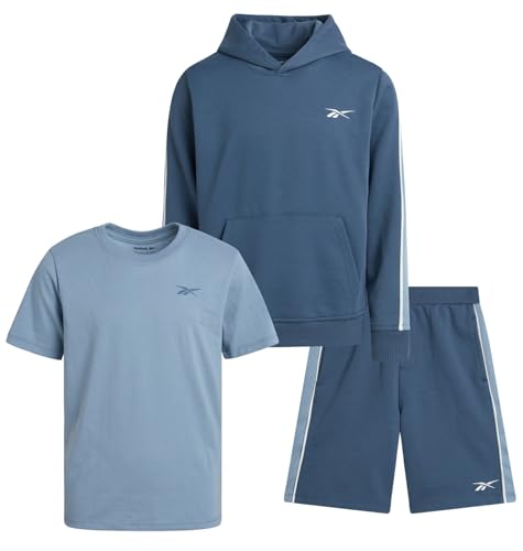 Reebok Boys' Active Shorts Set - 3 Piece Performance Mesh Hoodie Sweatshirt, Gym Shorts, and T-Shirt - Activewear Set (8-12)