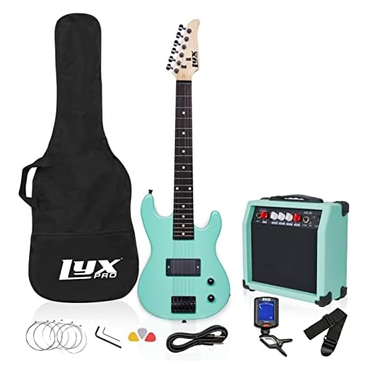 LyxPro 30 Inch Electric Guitar and Starter Kit for Kids with 3/4 Size Beginner’s Guitar, Amp, Six Strings, Two Picks, Shoulder Strap, Digital Clip On Tuner, Guitar Cable and Soft Case Gig Bag - Green
