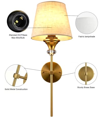 Image of Groeien Pack of 2 | Gold Crystal Fabric Shade Contemporary Brass Finish Wall Lamp for Bedroom, Livingroom, Indoor(Bulb is Included)(Fabric-Gold Crystal, 2)