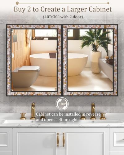 Image of 20x26 Inch Natural Shell Inlay Black Medicine Cabinet with Mirror, Bathroom Shatterproof Mirror with Storage, Reversible Installation Wall Mount or Recessed, Large Space 3 Shelves and 1 Organizer