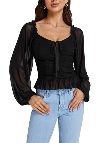 LYANER Women's Sweetheart Neck Self Tie Knot Shirred Back Mesh Lantern Long Sleeve Blouse Shirt Top4
