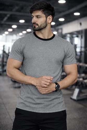 Image of Men's Solid Gym T-Shirt | Slim Fit Gym & Training Tee | Breathable Stretch Fabric | Round Neck Sports Wear for Workout