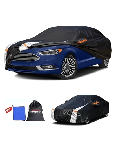 Image of Multi-Layer Car Cover Custom Fit for Ford Fusion(205-2026), 100% Waterproof All Weather for Automobiles, Gift with Towel, Heavy Duty Car Covers for Rain Sun UV Protection with Door Zipper
