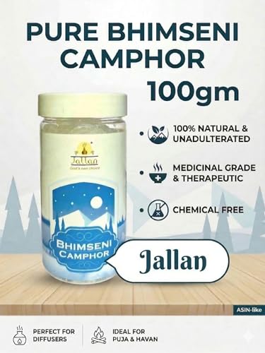Image of Jallan Pure Bhimseni Camphor (Original)| 200g Jar (100X2)| 100% Natural Organic and Original Kapoor| Purifying & Pleasant Fragrance for Pooja, Hawan, Air Freshener| Use for Camphor Diffuser Electric
