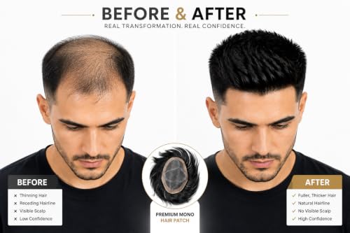 Image of Euphoria PREMIUM MONO Hair Patch for Men | 100% Natural Human Toupee | Durable PU Border System | Non-Surgical Replacement Wig | Install with Tape, Clips or Glue | (Black, 10x7)