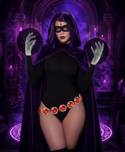 Image of Raven Costume for Women, 6PCS Halloween Costume Set for Women with Purple Hooded Cloak, Bodysuit & Red Gem Belt