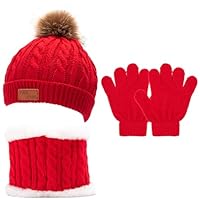 Kunoli 3pcs Kids Beanie Hat Scarf Gloves Set, Knit Bobble Cap Fleece Lined Neck Warmer, Winter Outdoor Sports Crochet Thermal Accessories for Children Toddler Boys Girls Aged 1-6 Years Old (Red)