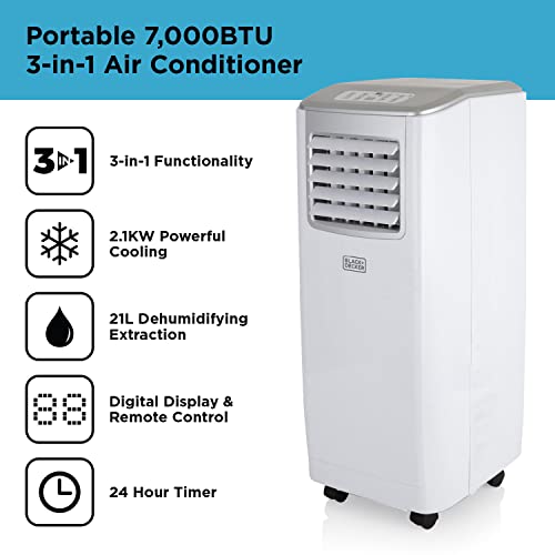 BLACK+DECKER BXAC40005GB Portable 7000 BTU 3-in-1 Air Conditioner, Dehumidifier and Cooling Fan, LED Display, 2 Speed Settings, 24 Hour Timer, Remote Control, 7,000 BTU, White - Image 3