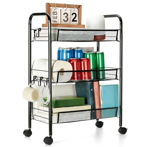 Cozary Carrito de Almacenamiento de 3 Niveles, Carro De Cocina Metalico con Ruedas, con Ganchos, 2 Frenos, Montaje Fácil, para Frutas, Verduras, Cocina, Salón, Oficina, 27 x 45 x 65 cm, Negro