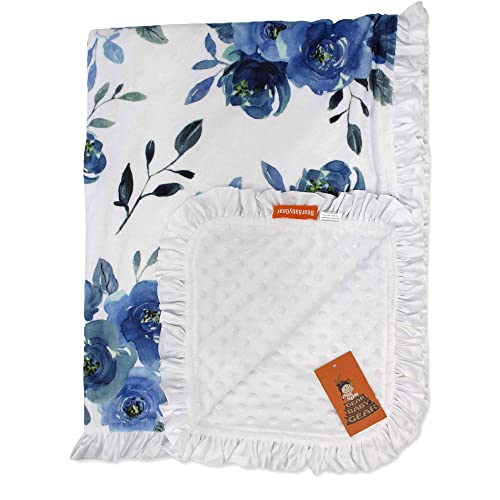 Image of Dear Baby Gear - Reversible Baby Blankets - Soft Nursery Blanket for Newborn - Toddler Blankey - Throw Blanket for Boys & Girls - Infant Blankets - 43x33 (Blue Watercolor Roses on White w /Ruffles)