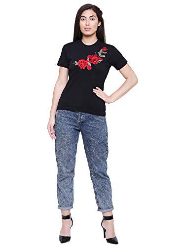 Image of Saundarya Women's Embellished T-Shirt Hosiery Fabric Half Sleeve Round Neck Blue and Red Embroidery Black