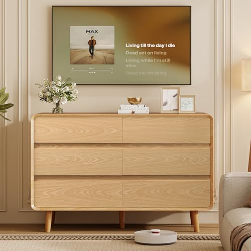 Image of Nasonet 6 Drawer Dresser for Bedroom, 47'' Wide Mid Century Modern Dressers & Chests of Drawers, Wood Storage Drawer Dressers for Hallway, Home Office, Oak