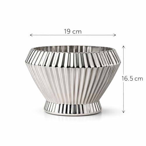 Image of Xtore Ornamental Ceramic Floral Bowl Planter | Ribbed Centerpiece Flower Pot for Coffee Table & Living Room Decor - (Metallic Silver, Planter ONLY)