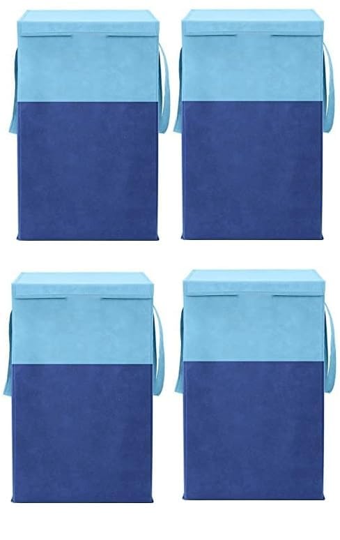 Image of 75L Non Woven Printed Rectangular Foldable Laundry Bag With Lid And Handle | Large Clothes Storage Organiser For Bedroom Dorm Utility Home Use | Laundry Basket Pack Of 4 | Sky & Navy Blue