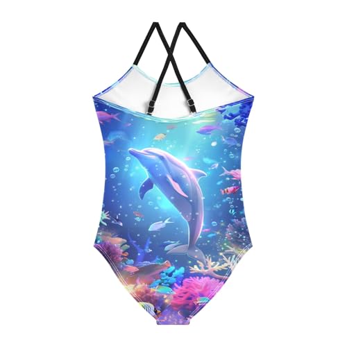 Dolphin Colorful Coral Reef Girls One-Piece Swimsuit Beach Bathing Suit2