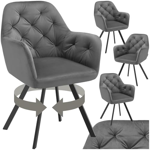TecTake® Silla Giratoria de Terciopelo, Diseño Acolchado, Sillas de Comedor con Patas de Acero, Amplio Asiento, Respaldo Continuo, Giro 180°, Sillas Cocina, Sillas Comedor - 4 Sillas Antracita