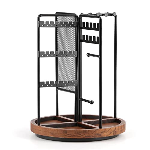 Schmuckständer drehbar schwarz Schmuckbaum Ohrringständer,Kettenständer - 4 in 1 schmuckhalter mit Holzsockel Aufbewahrung für Ketten,Ohrringen, Ringen, Uhren, Armbändern - Schmuckstück Organizer Cover