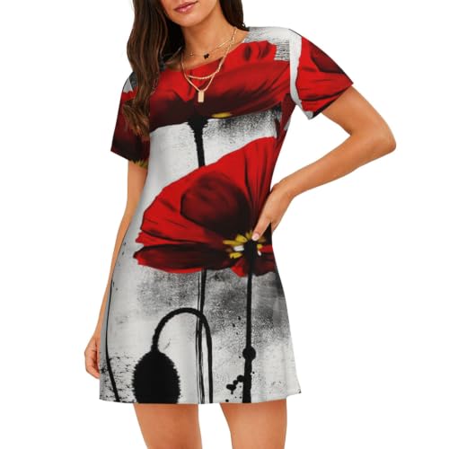 Chemise de nuit douce en imprimé coquelicot pour femme à manches courtes
